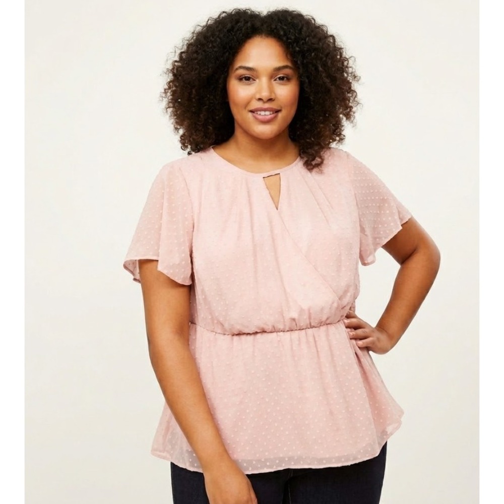 New Lane Bryant Peplum Blouse size 28 Pink Swiss Dot Flutter Sleeve Feminine‎